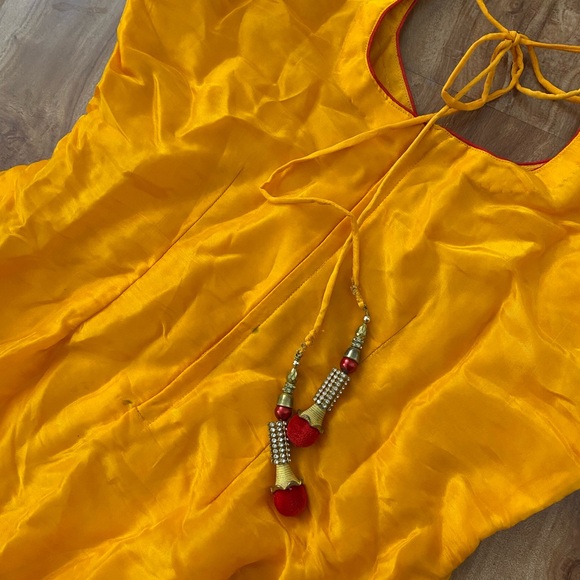 Three Piece Indian Mustard Yellow Folkari Jago Suit - Picture 6 of 11